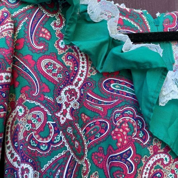 Vintage 80’s Square Dancing Paisley Print Dress Green and Dark Pink With Lace - Picture 4 of 16